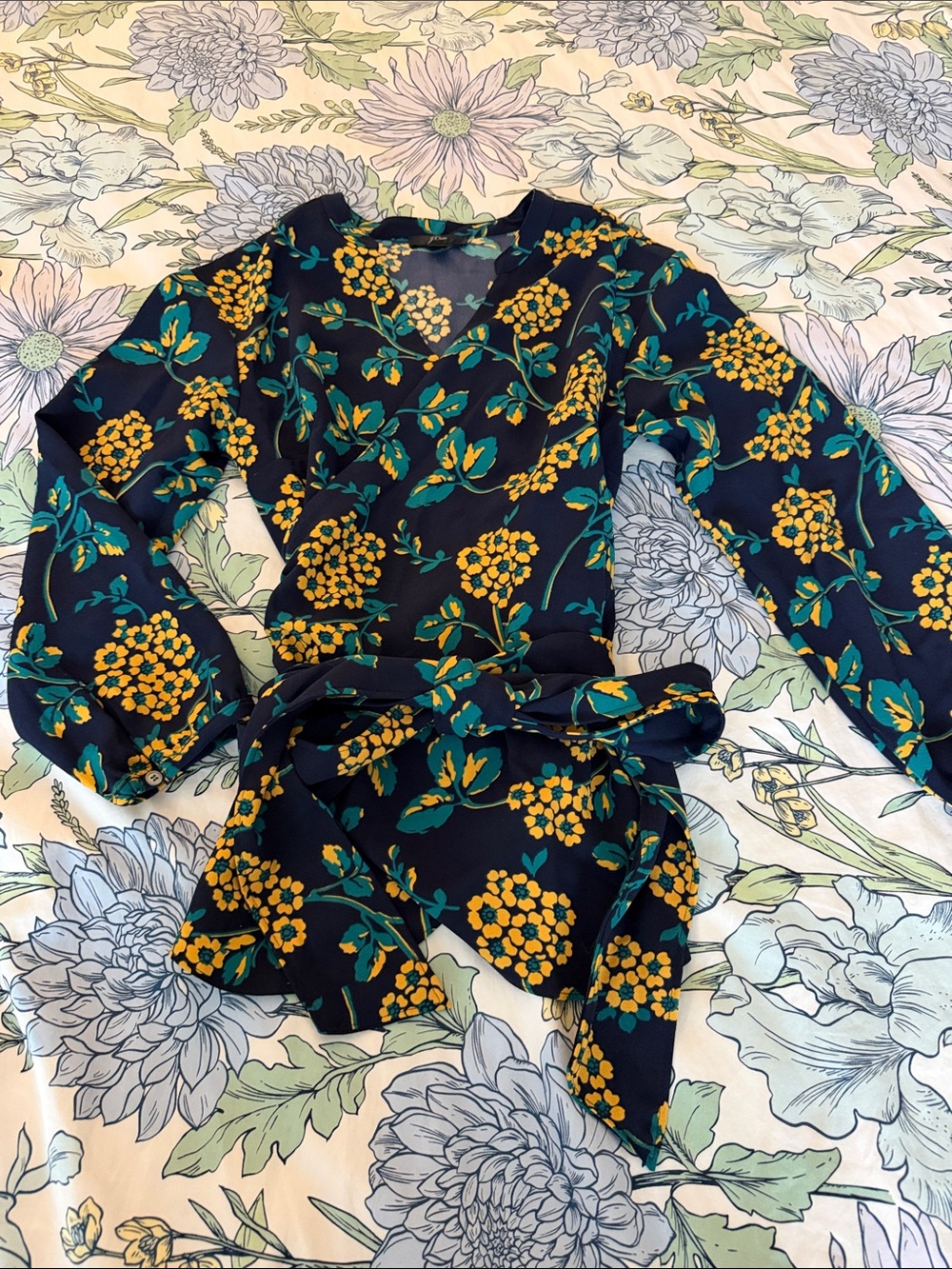 J. Crew Navy Floral Wrap Blouse with Yellow & Teal Print